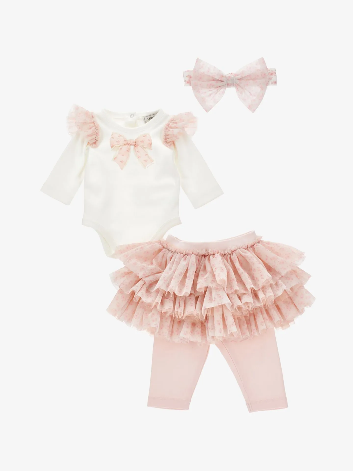 Monnalisa Meisjes baby set romper rok legging haarband strik panna rosa an
