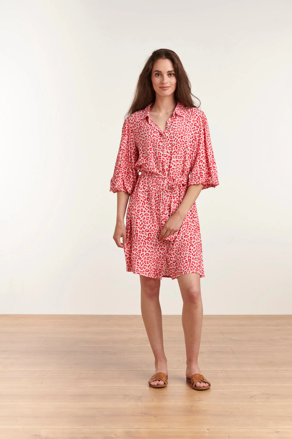 Smashed Lemon 23039 women's stylish casual pink red collar shirt dress |