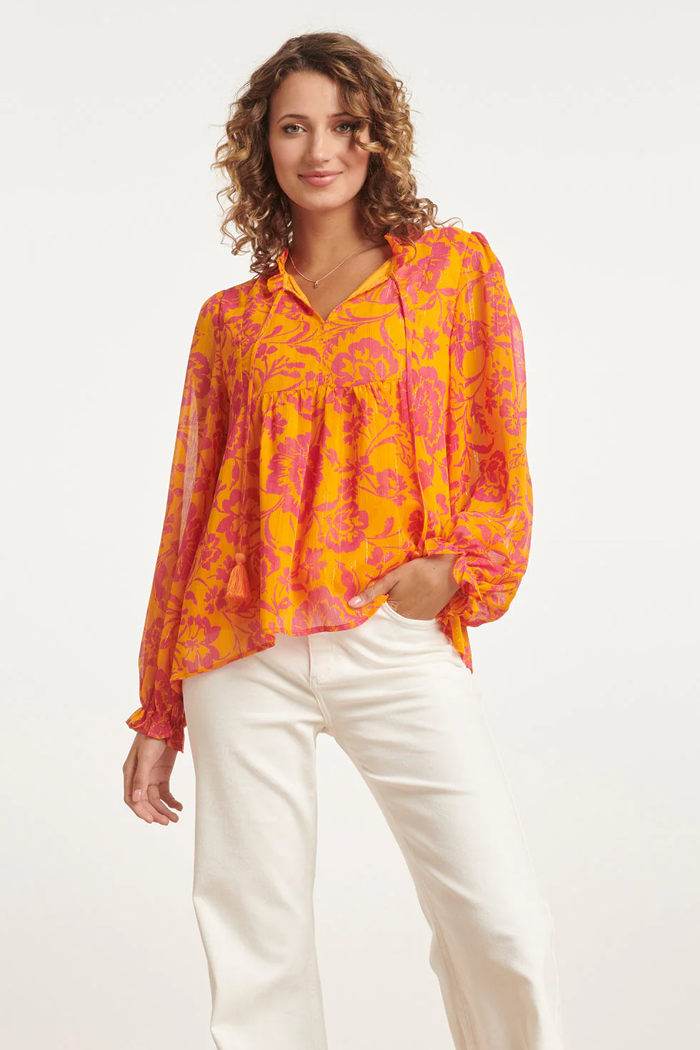 Smashed Lemon 24025 v-hals chiffon top met ballonmouwen |