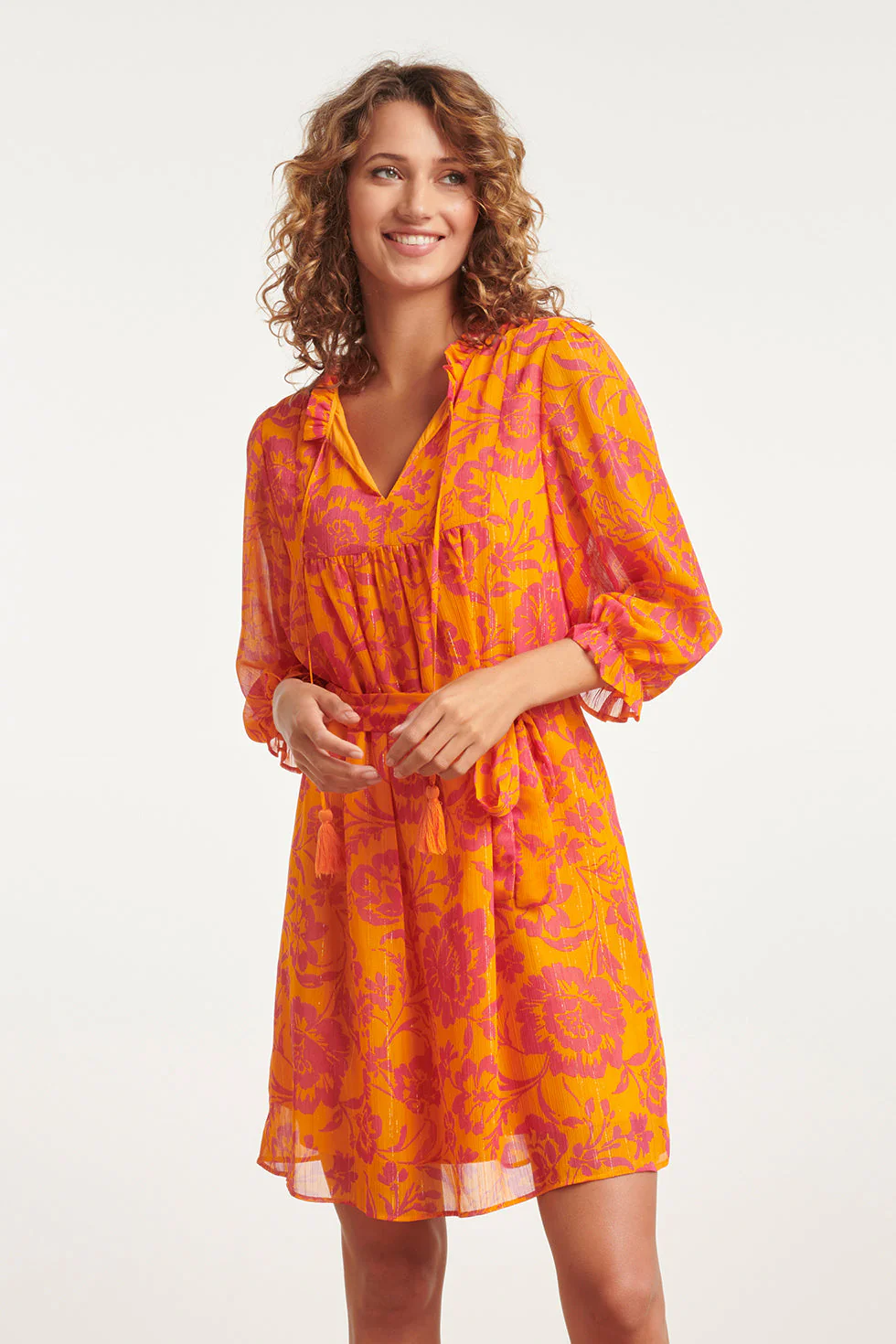 Smashed Lemon 24024 v-hals chiffon jurk met ballonmouwen |