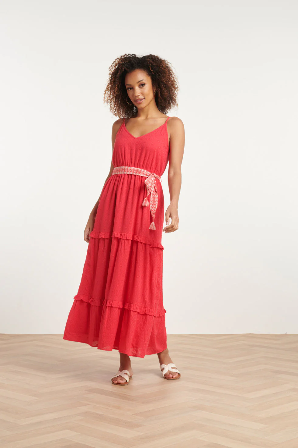 Smashed Lemon 24132 katoenen dobby maxi jurk met spaghettibandjes |