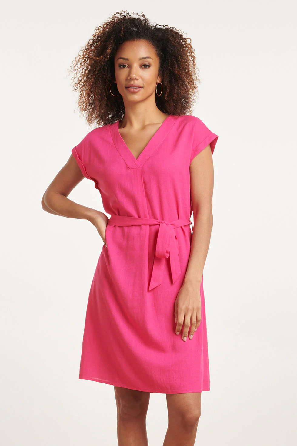 Smashed Lemon 24087 losvallende linnen jurk met v-halsriemfuchsia |