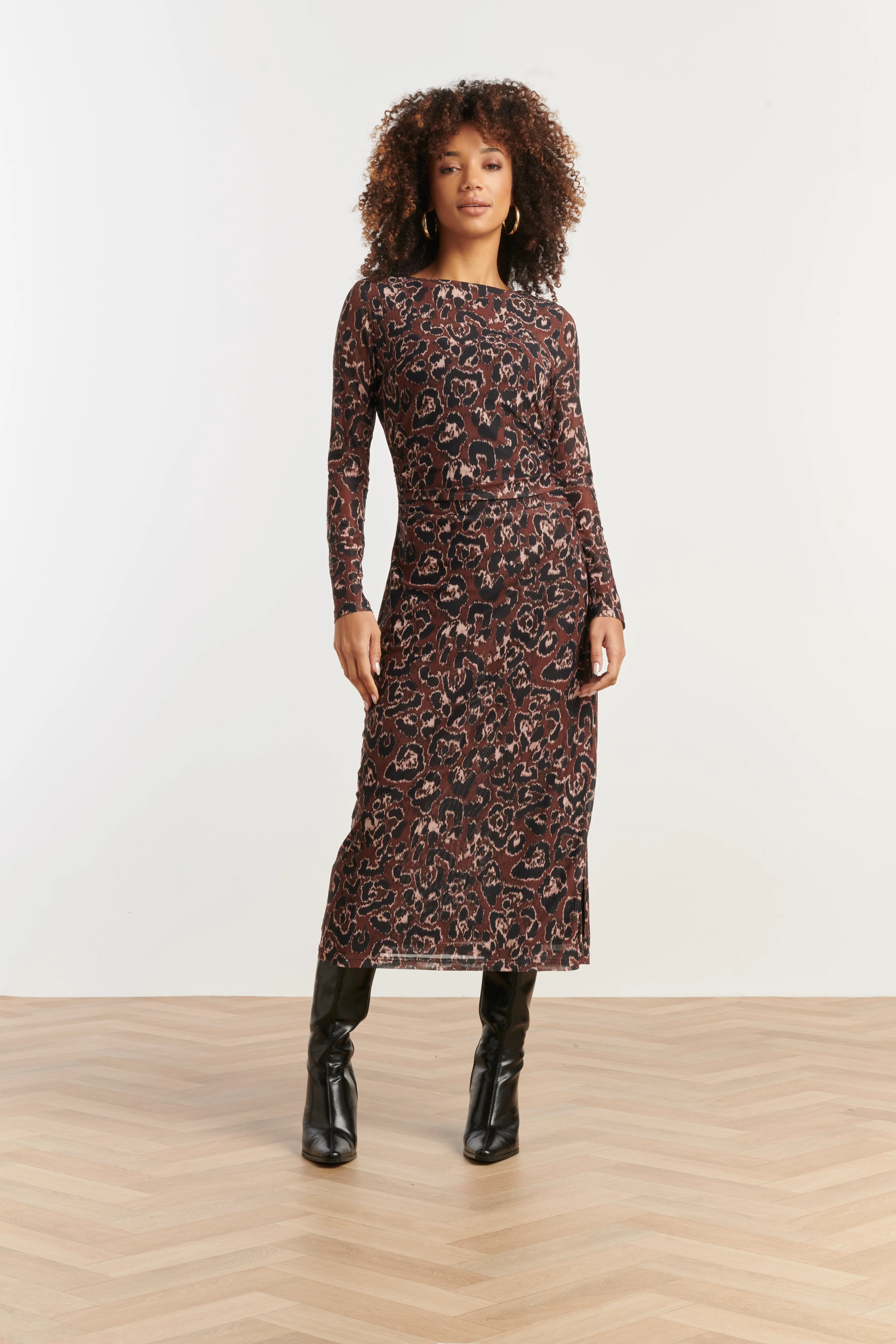 Smashed Lemon Mesh midi jurk met cheetahprint in bruin en zwart |