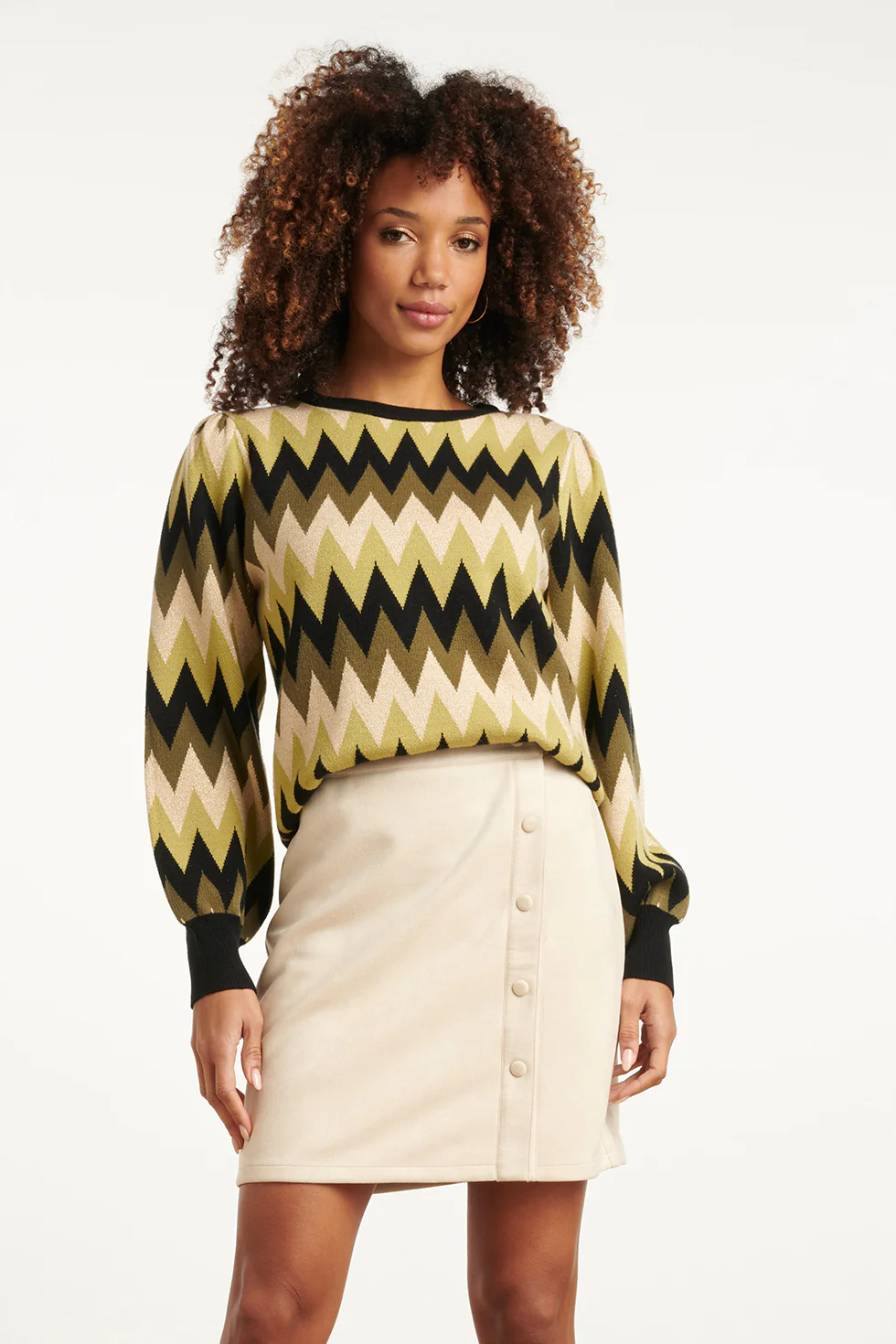 Smashed Lemon Army en zand zigzag gebreide dames top met ronde hals |