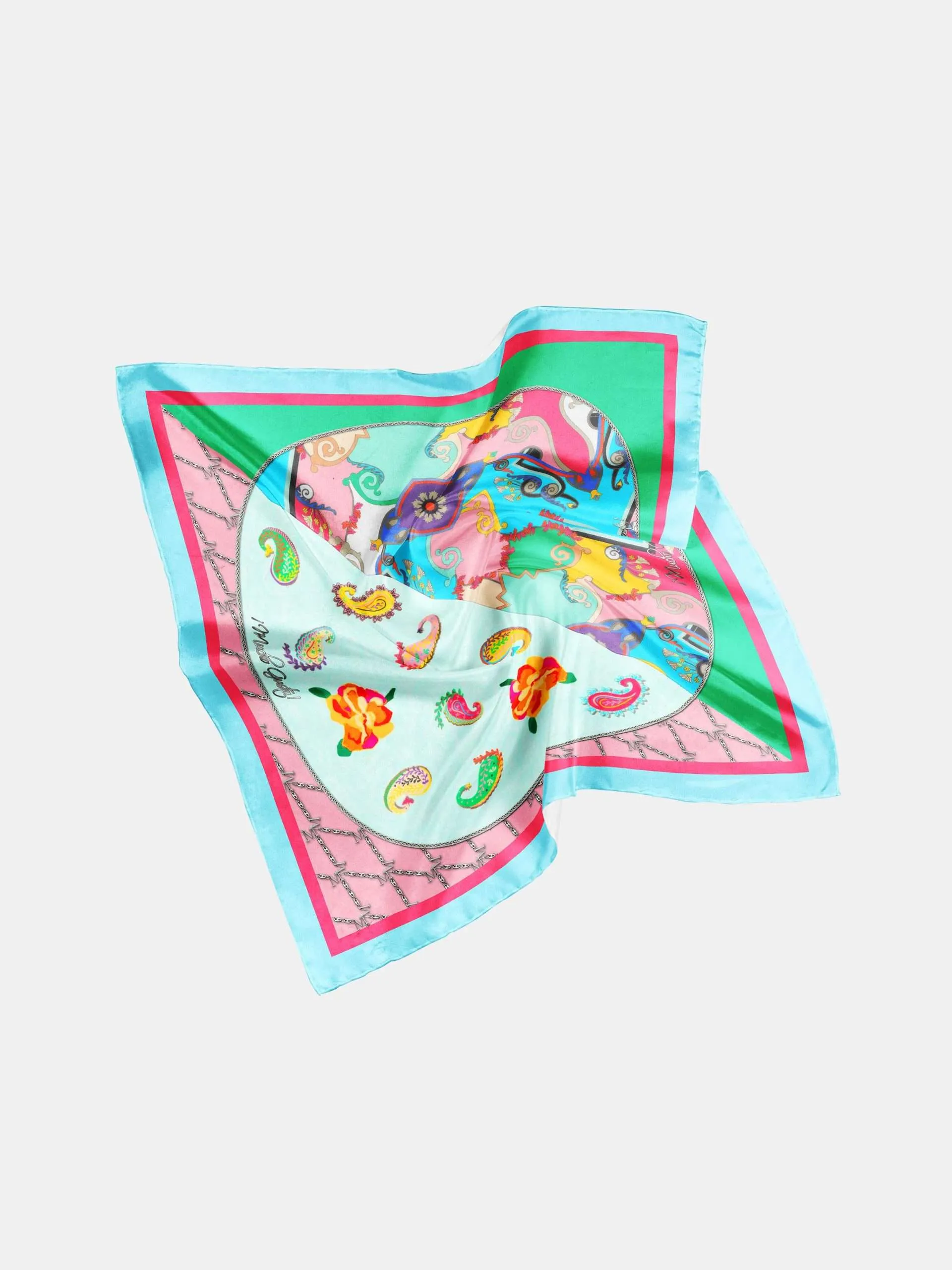 Mucho Gusto Zijden sjaal burano small turquoise met roze paisley patchwork