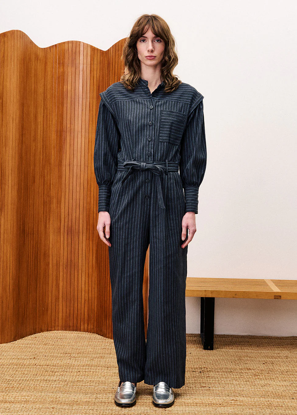 FRNCH Vigan jumpsuit gestreept schouderdetails en strikceintuur
