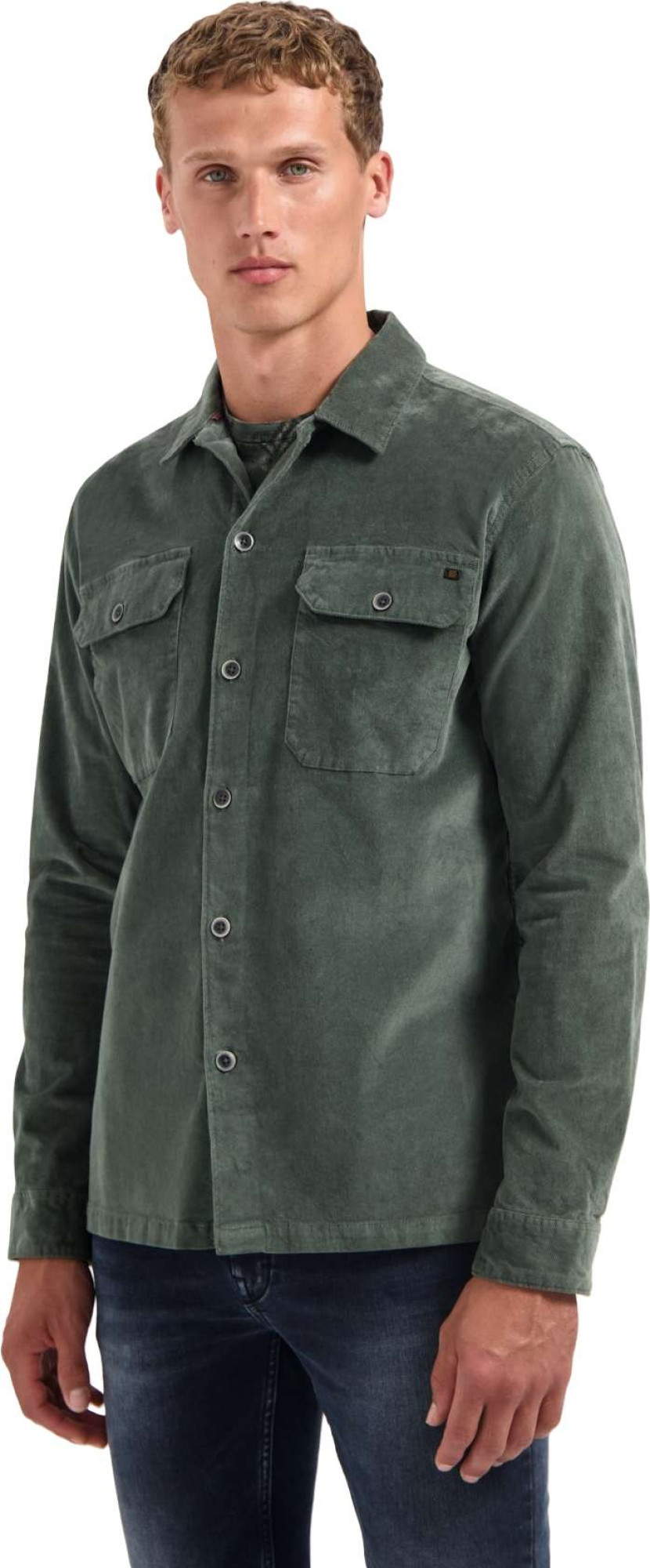 No Excess Overshirt buttons twill dark green