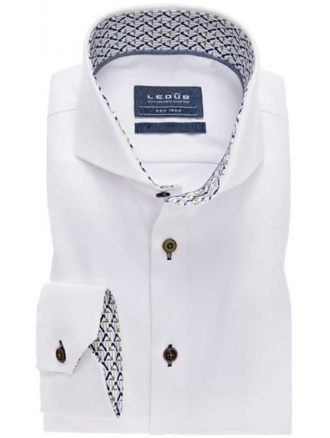 Ledûb Heren overhemd print contrast twill ml7 tailored fit wit Ledûb mouwlengte 7 overhemden outlet Opruiming SALE