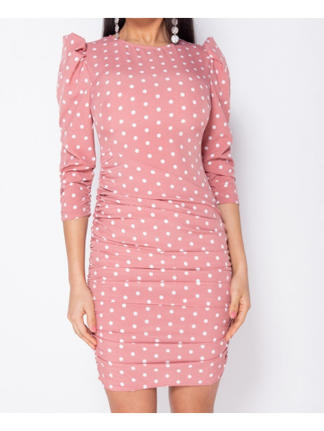 Parisian Polka dot puff sleeve ruching detail bodycon dress roze DRS 12964 large