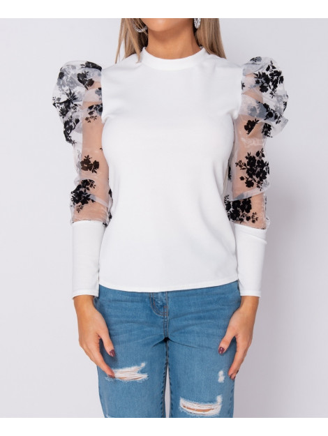 Parisian Floral flock print puffed sleeve high neck tops CTP 1850 WHT large