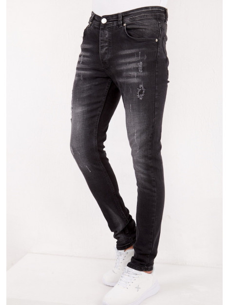 Zwart Old Look Washed Heren Jeans met Scheuren en Ribbelpatroon -  Black-Leo.nl