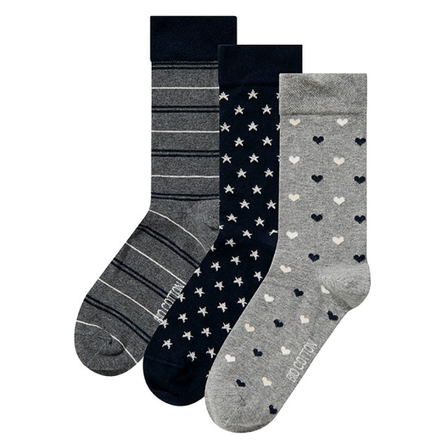Apollo Dames sokken hartjes gestreept sterren print bio katoen 6-pack grijs / navy blauw 8720172195817-GREY large