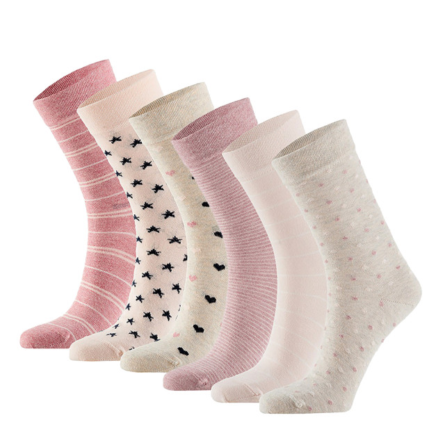 Apollo Dames sokken hartjes gestreept sterren print bio katoen 6-pack beige / roze 8720172195640 large
