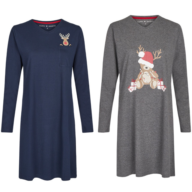 Happy Shorts Dames kerst pyjama nachthemd blauw / grijs HS-682-1+2 large