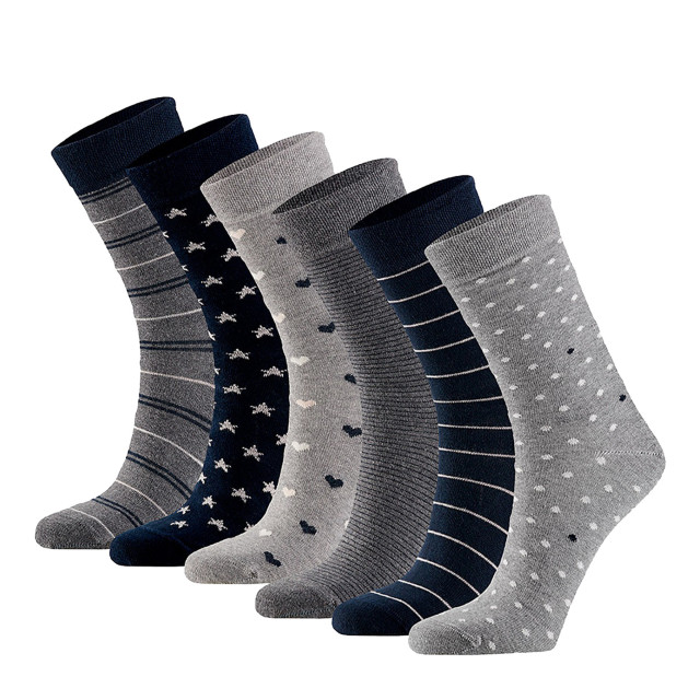 Apollo Dames sokken hartjes gestreept sterren print bio katoen 6-pack grijs / navy blauw 8720172195800-GREY large