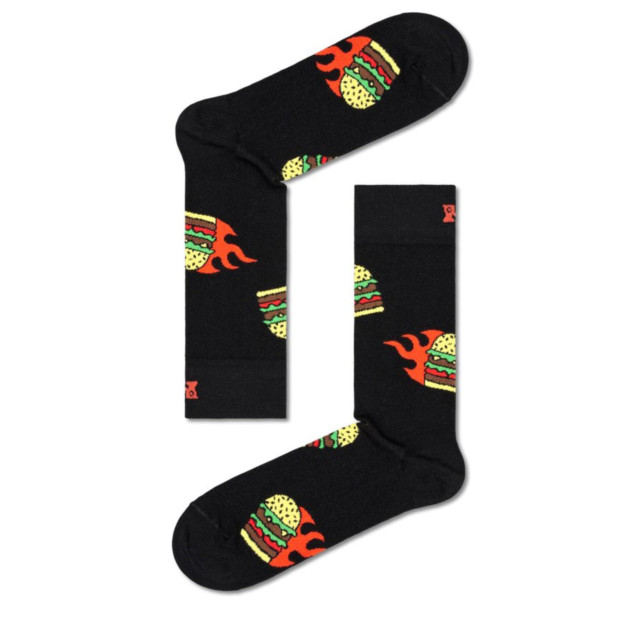 Happy Socks Zwarte hamburgerprint sokken printjes unisex P000128 Flaming Burg large