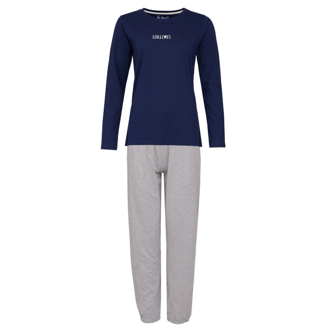 By Louise Dames pyjama set lang katoen donkerblauw / grijs gestipt BL-289-02 large