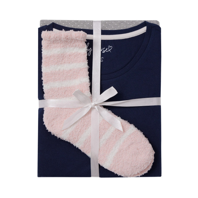 By Louise Dames pyjama set lang katoen donkerblauw / grijs gestipt BL-289-02 large