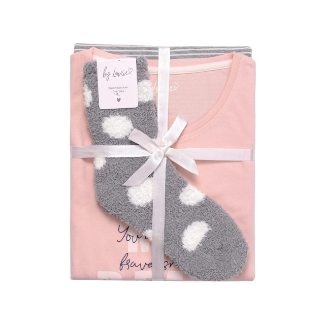 By Louise Dames pyjama set lang katoen roze / grijs gestreept BL-291-02 large