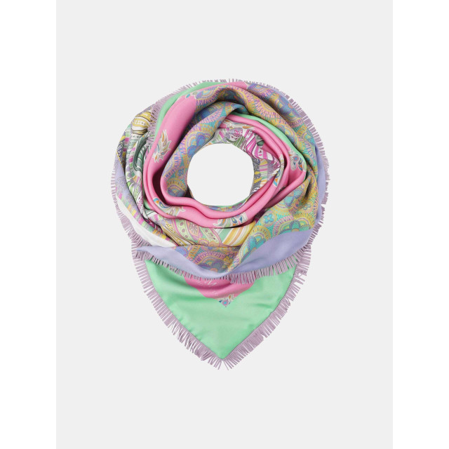 Mucho Gusto Zijden sjaal st. tropez xs franjes groen met roze patchwork Viscose Sjaal St. Tropez XS Franjes Groen met Roze patchwork large