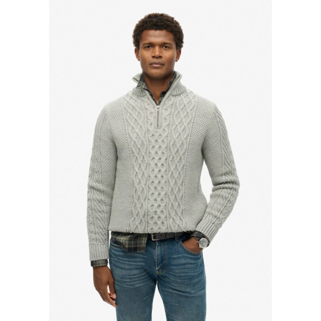 Superdry Jacob cable knit 40q mid grey m6110639a heren trui  - super 40Q Mid Grey/M6110639A Jacob Cable Knit large