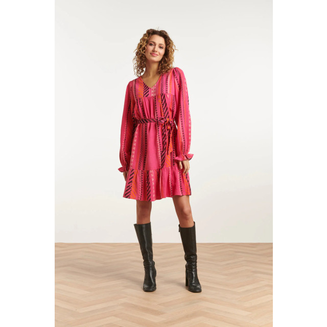 Smashed Lemon 23668 dames fuchsia jurk met aztec allover print | 23668-445-250 large