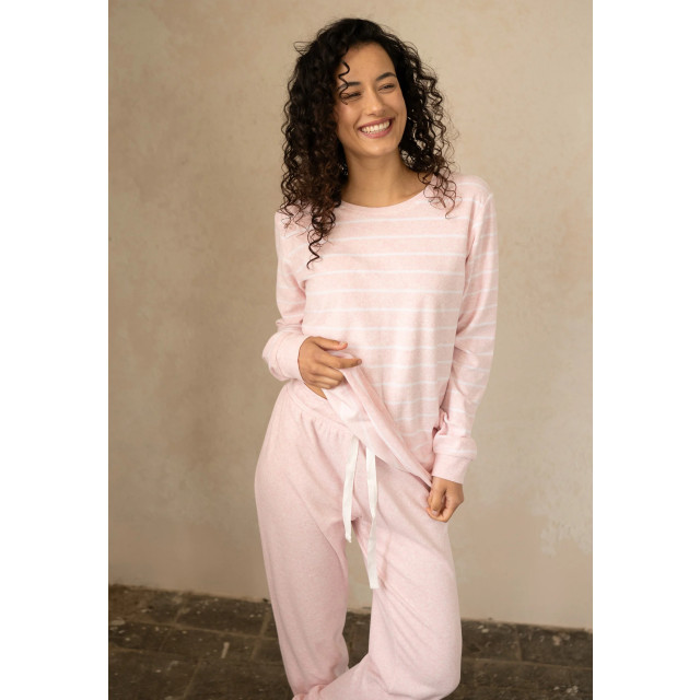 By Louise Dames winter pyjama set lang badstof gestreept roze BL-490-02 large