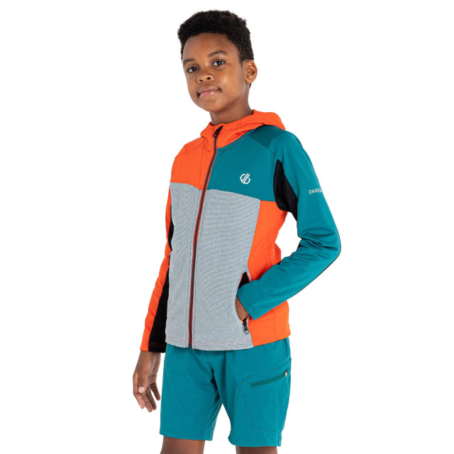 Dare2b Childrens/kids thriving core stretch hooded midlayer UTRG8625_trailblazeorangefortunegreenslate large