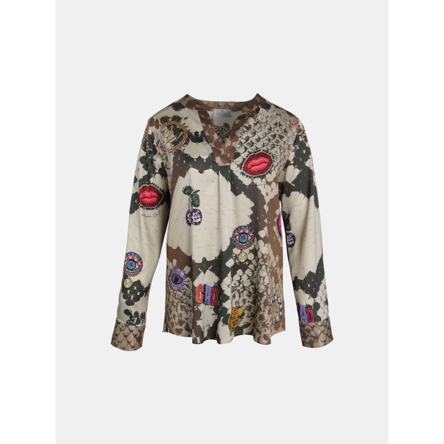 Mucho Gusto ® blouse grazie slangenprint en artistiek bedrukte patches MUCHO GUSTO® Blouse Grazie Beige Slangenprint en Artistiek bedrukte Patches large