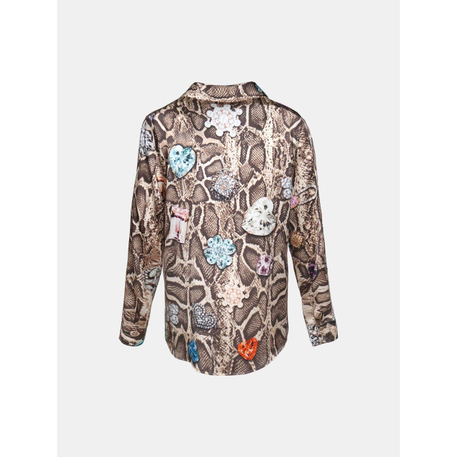 Mucho Gusto Zijden blouse blouse livorno beige met slangenprint en kleurrijke broches Zijden blouse Blouse Livorno Beige met Slangenprint en Kleurrijke Broches large