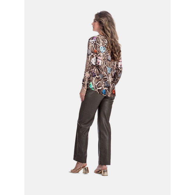 Mucho Gusto Zijden blouse blouse monza beige met slangenprint en kleurrijke broches Zijden blouse Blouse Monza Beige met Slangenprint en Kleurrijke Broches large