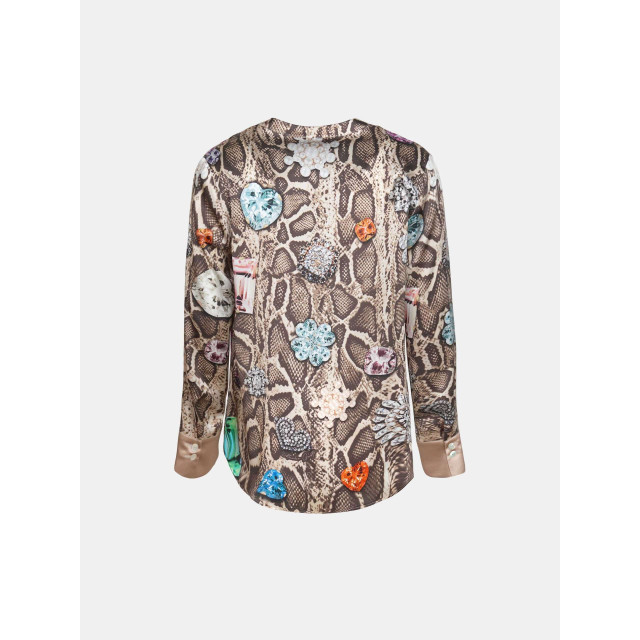 Mucho Gusto Zijden blouse blouse monza beige met slangenprint en kleurrijke broches Zijden blouse Blouse Monza Beige met Slangenprint en Kleurrijke Broches large
