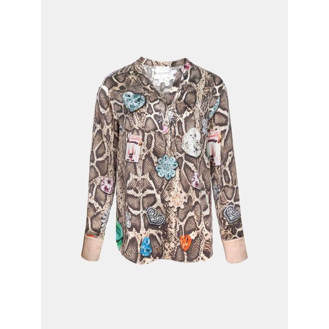 Mucho Gusto Zijden blouse blouse monza beige met slangenprint en kleurrijke broches Zijden blouse Blouse Monza Beige met Slangenprint en Kleurrijke Broches large