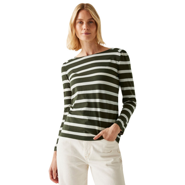 Regatta Dames federica stripe t-shirt met lange mouwen UTRG9454_darkkhakilightvanilla large