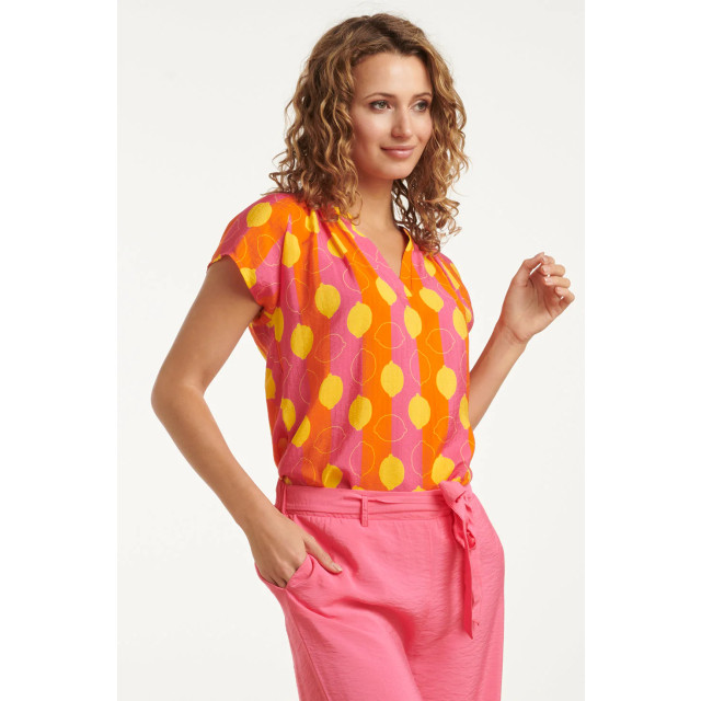 Smashed Lemon 25001 v-hals korte mouw top met citroenstrepen print | 8720331317906 large