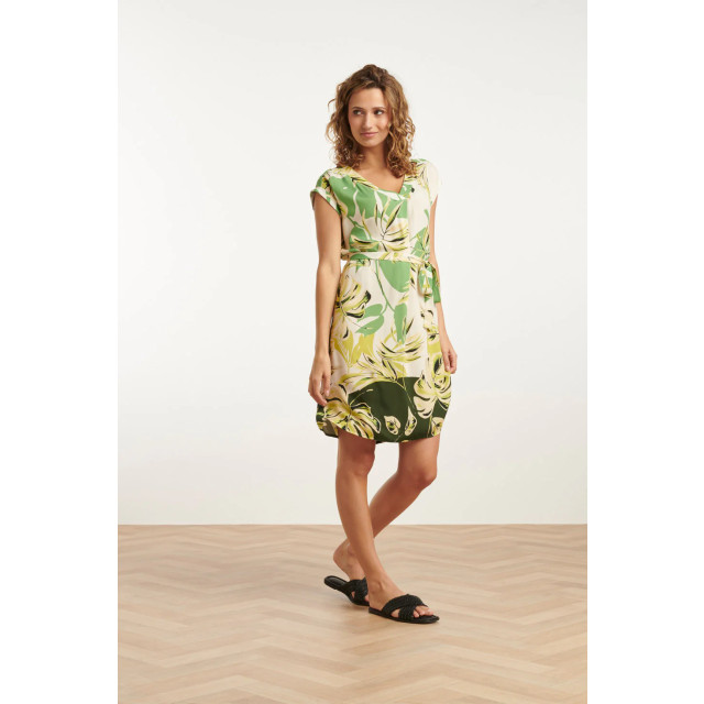 Smashed Lemon 25162 off white bladprint jurk met v-hals | 25162-550-500 large Smashed Lemon 25162 off white bladprint jurk met v-hals | 25162-550-500 large
