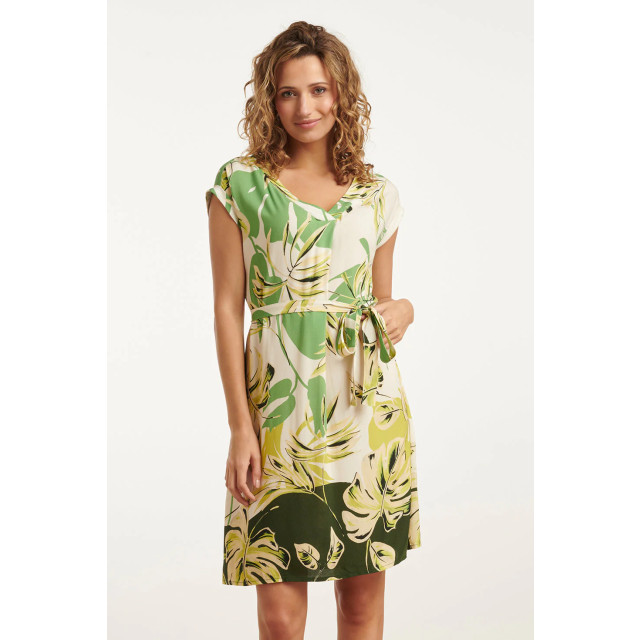 Smashed Lemon 25162 off white bladprint jurk met v-hals | 25162-550-500 large Smashed Lemon 25162 off white bladprint jurk met v-hals | 25162-550-500 large