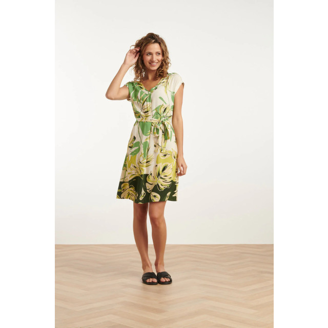 Smashed Lemon 25162 off white bladprint jurk met v-hals | 25162-550-500 large Smashed Lemon 25162 off white bladprint jurk met v-hals | 25162-550-500 large