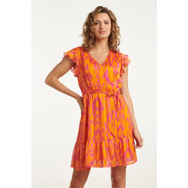 Smashed Lemon 25075 orange aztec print chiffon frilly jurk | 25075-250-420 large Smashed Lemon 25075 orange aztec print chiffon frilly jurk | 25075-250-420 large