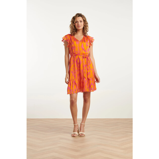 Smashed Lemon 25075 orange aztec print chiffon frilly jurk | 25075-250-420 large Smashed Lemon 25075 orange aztec print chiffon frilly jurk | 25075-250-420 large