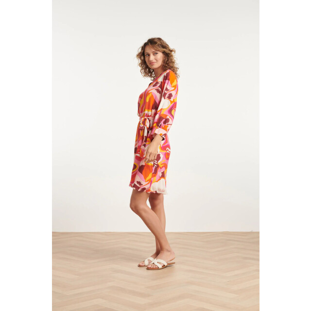 Smashed Lemon 24000 floral retro print v-neck jurk met riem | 24000-420-998 large