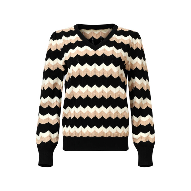 Smashed Lemon Zwart en zand zigzag gebreide dames top met v-hals | 8720331371045 large