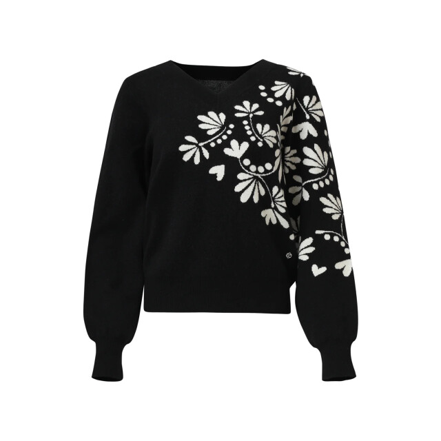 Smashed Lemon Zwart en offwhite bloemenprint met v-hals gebreide top | 8720331372400 large