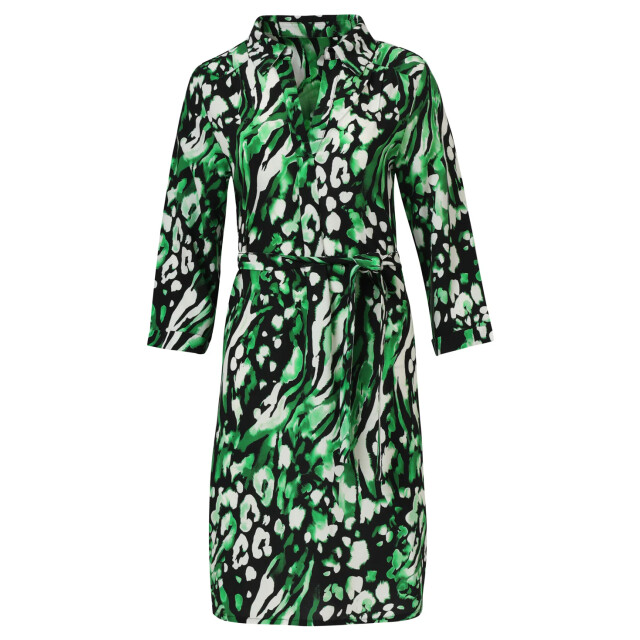 Smashed Lemon Groen en zwart dierenprint jurk met v-hals en kraag | 25679-999-530 large Smashed Lemon Groen en zwart dierenprint jurk met v-hals en kraag | 25679-999-530 large