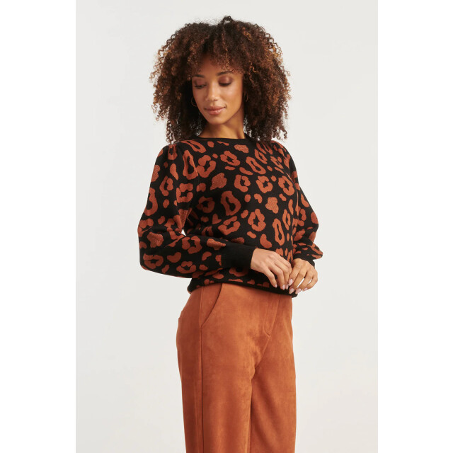 Smashed Lemon Gebreide dierenprint knit top zwart en cognac | 8720331372257 large