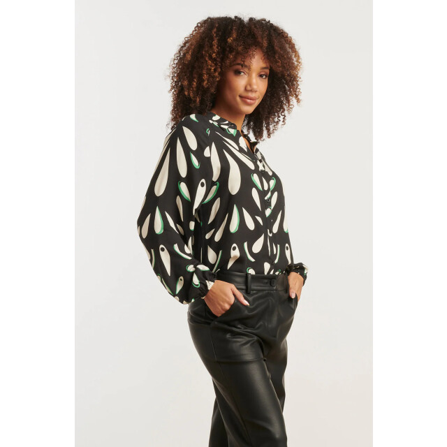 Smashed Lemon Ornament geprint blouse in zwart off white en groen details | 8720331378242 large