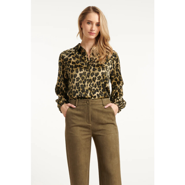 Smashed Lemon Satijnen blouse met luipaardprint en pofmouwen in army en zwart | 8720331375364 large