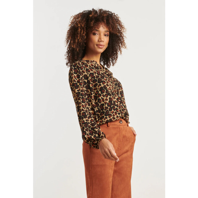 Smashed Lemon Chiffon blouse met cheetahprint en pofmouwen in camel en bruin | 8720331375517 large