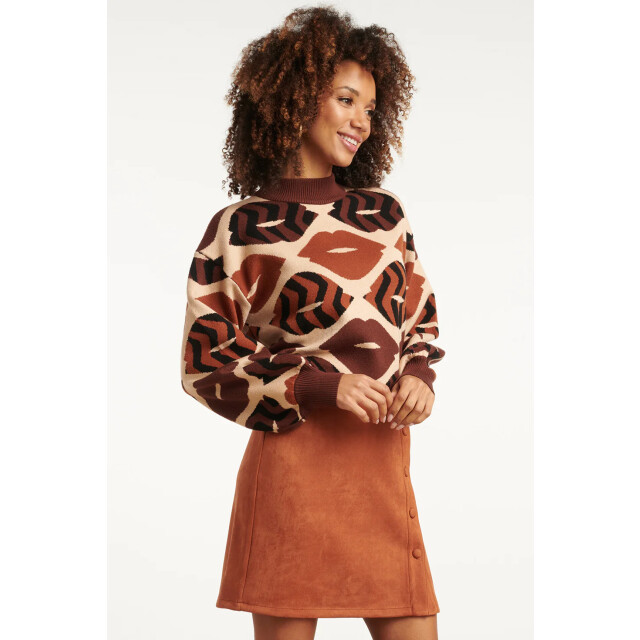 Smashed Lemon Gebreide trui met lippenprint in bruin en cognac | 8720331371755 large