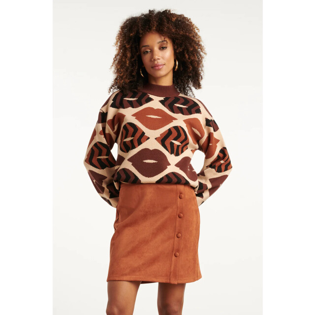 Smashed Lemon Gebreide trui met lippenprint in bruin en cognac | 8720331371755 large